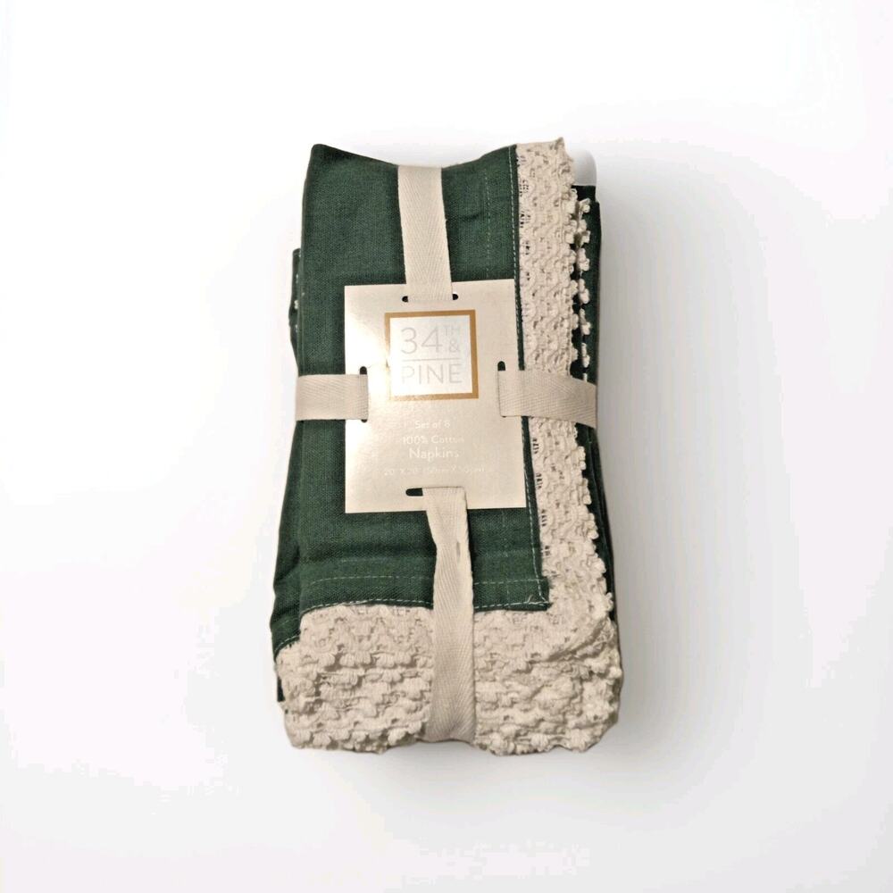 8-pk 34TH & PINE 100% Cotton Cloth Green Napkins with White Lace Trim 20x20